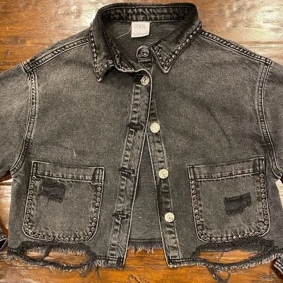 Zara Distressed Cropped Black Denim Jacket Girls Size 11-12 - Picture 3 of 10